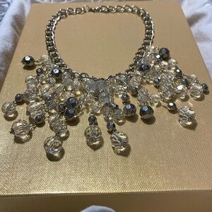 Beautiful Dangly Statement Necklace with Clear and Metallic Beads Cascading